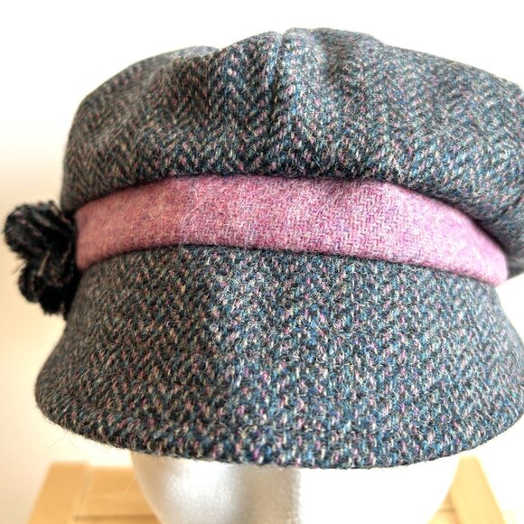 Peter James Blue and Pink Pure Wool Tweed Women's Hat With Flower - Picture 2 of 12